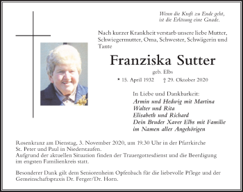 Traueranzeige von Franziska Sutter von Der Westallgäuer