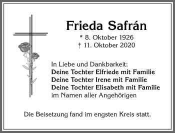 Traueranzeige von Frieda Safrän von Allgäuer Zeitung,Kempten