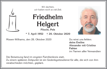 Traueranzeige von Friedhelm Helgert von Allgäuer Anzeigeblatt