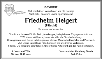 Traueranzeige von Friedhelm Helgert von Allgäuer Anzeigeblatt