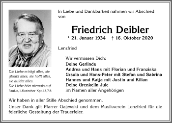 Traueranzeige von Friedrich Deibler von Allgäuer Zeitung,Kempten