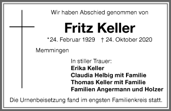 Traueranzeige von Fritz Keller von Memminger Zeitung