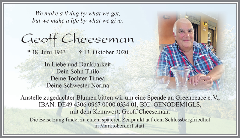  Traueranzeige für Geoff Cheeseman vom 17.10.2020 aus Allgäuer Zeitung, Marktoberdorf