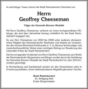 Traueranzeige von Geoffrey Cheeseman von Allgäuer Zeitung, Marktoberdorf