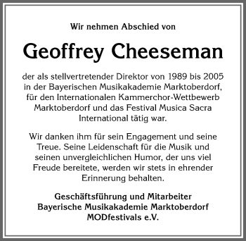 Traueranzeige von Geoffrey Cheeseman von Allgäuer Zeitung, Marktoberdorf