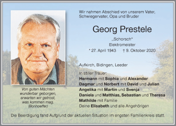 Traueranzeige von Georg Prestele von Allgäuer Zeitung