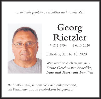 Traueranzeige von Georg Rietzler von Der Westallgäuer