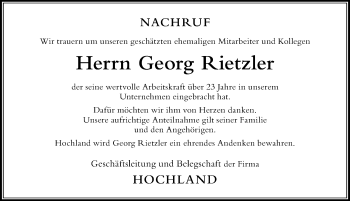 Traueranzeige von Georg Rietzler von Der Westallgäuer