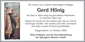Traueranzeige von Gerd Hönig von Allgäuer Zeitung,Kempten
