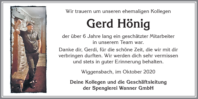  Traueranzeige für Gerd Hönig vom 17.10.2020 aus Allgäuer Zeitung,Kempten