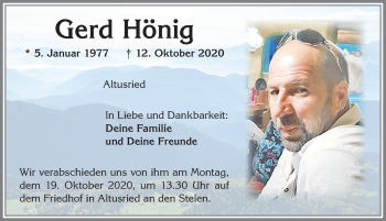 Traueranzeige von Gerd Hönig von Allgäuer Zeitung,Kempten
