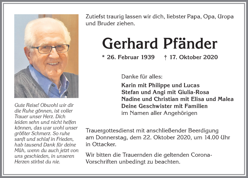  Traueranzeige für Gerhard Pfänder vom 20.10.2020 aus Allgäuer Zeitung