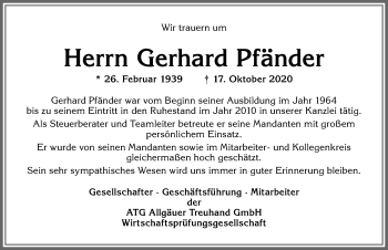 Traueranzeige von Gerhard Pfänder von Allgäuer Zeitung