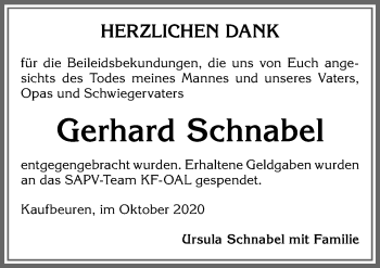Traueranzeige von Gerhard Schnabel von Allgäuer Zeitung, Kaufbeuren/Buchloe