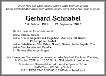 Traueranzeige von Gerhard Schnabel von Allgäuer Zeitung, Kaufbeuren/Buchloe