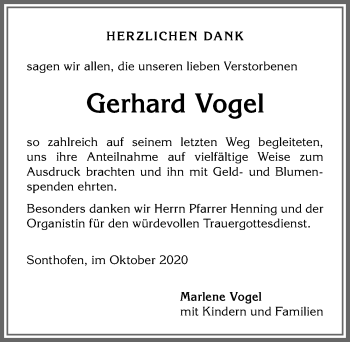 Traueranzeige von Gerhard Vogel von Allgäuer Anzeigeblatt