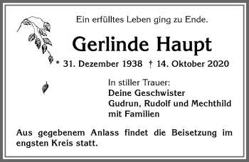 Traueranzeige von Gerlinde Haupt von Allgäuer Zeitung,Kempten