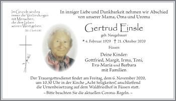 Traueranzeige von Gertrud Einsle von Allgäuer Zeitung, Füssen