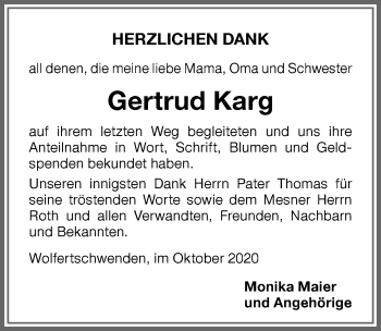 Traueranzeige von Gertrud Karg von Memminger Zeitung