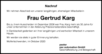 Traueranzeige von Gertrud Karg von Memminger Zeitung