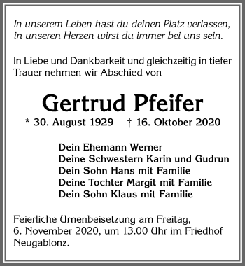 Traueranzeige von Gertrud Pfeifer von Allgäuer Zeitung, Kaufbeuren/Buchloe