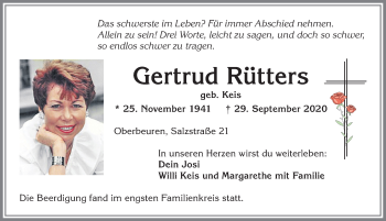 Traueranzeige von Gertrud Rütters von Allgäuer Zeitung, Kaufbeuren/Buchloe