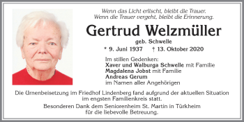 Traueranzeige von Gertrud Welzmüller von Allgäuer Zeitung, Kaufbeuren/Buchloe