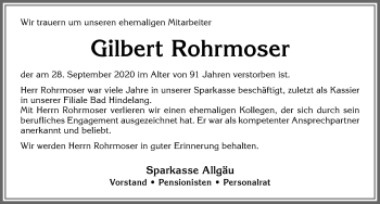 Traueranzeige von Gilbert Rohrmoser von Allgäuer Anzeigeblatt