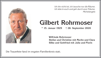 Traueranzeige von Gilbert Rohrmoser von Allgäuer Anzeigeblatt