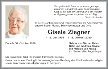 Traueranzeige von Gisela Ziegner von Allgäuer Zeitung,Kempten