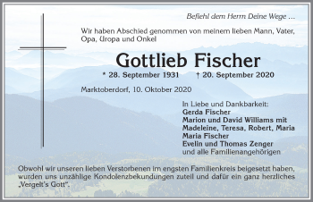 Traueranzeige von Gottlieb Fischer von Allgäuer Zeitung, Marktoberdorf