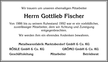 Traueranzeige von Gottlieb Fischer von Allgäuer Zeitung, Marktoberdorf