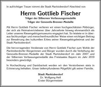 Traueranzeige von Gottlieb Fischer von Allgäuer Zeitung, Marktoberdorf