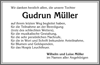 Traueranzeige von Gudrun Müller von Allgäuer Zeitung, Marktoberdorf
