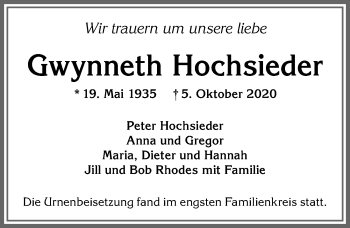 Traueranzeige von Gwynneth Hochsieder von Allgäuer Zeitung,Kempten
