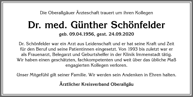  Traueranzeige für Günther Schönfelder vom 02.10.2020 aus Allgäuer Anzeigeblatt