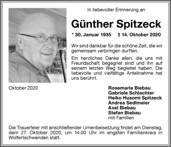 Traueranzeige von Günther Spitzeck von Memminger Zeitung