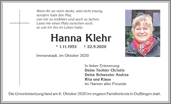 Traueranzeige von Hanna Klehr von Allgäuer Anzeigeblatt