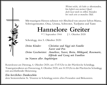 Traueranzeige von Hannelore Greiter von Der Westallgäuer