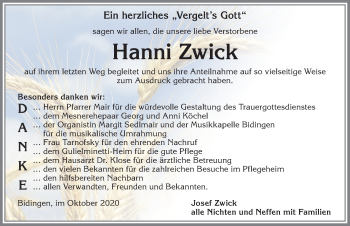 Traueranzeige von Hanni Zwick von Allgäuer Zeitung