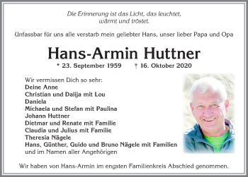 Traueranzeige von Hans-Armin Huttner von Allgäuer Zeitung, Marktoberdorf