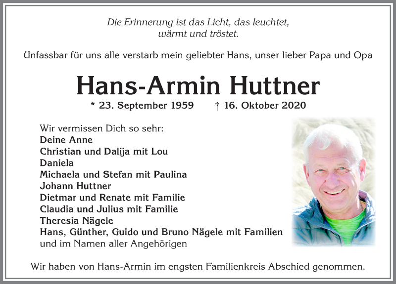  Traueranzeige für Hans-Armin Huttner vom 29.10.2020 aus Allgäuer Zeitung, Marktoberdorf