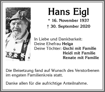 Traueranzeige von Hans Eigl von Allgäuer Zeitung, Marktoberdorf