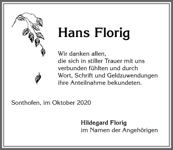 Traueranzeige von Hans Florig von Allgäuer Anzeigeblatt
