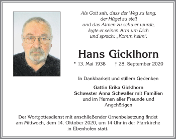 Traueranzeige von Hans Gicklhorn von Allgäuer Zeitung, Marktoberdorf