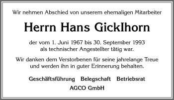 Traueranzeige von Hans Gicklhorn von Allgäuer Zeitung, Marktoberdorf