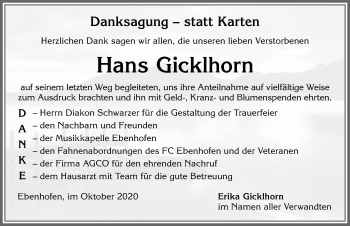 Traueranzeige von Hans Gicklhorn von Allgäuer Zeitung, Marktoberdorf