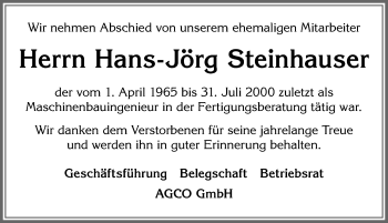 Traueranzeige von Hans-Jörg Steinhauser von Allgäuer Zeitung, Marktoberdorf