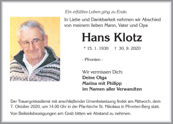 Traueranzeige von Hans Klotz von Allgäuer Zeitung, Füssen