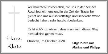 Traueranzeige von Hans Klotz von Allgäuer Zeitung, Füssen